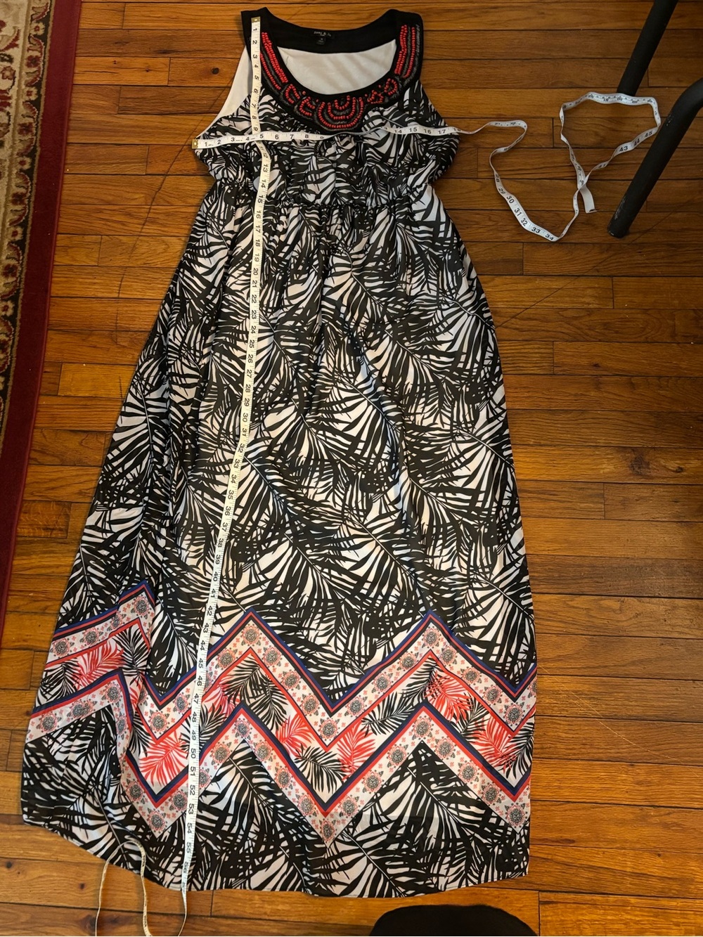 Sami & Jo Black and White Palm-Print Maxi Dress with Red Beaded Neckline